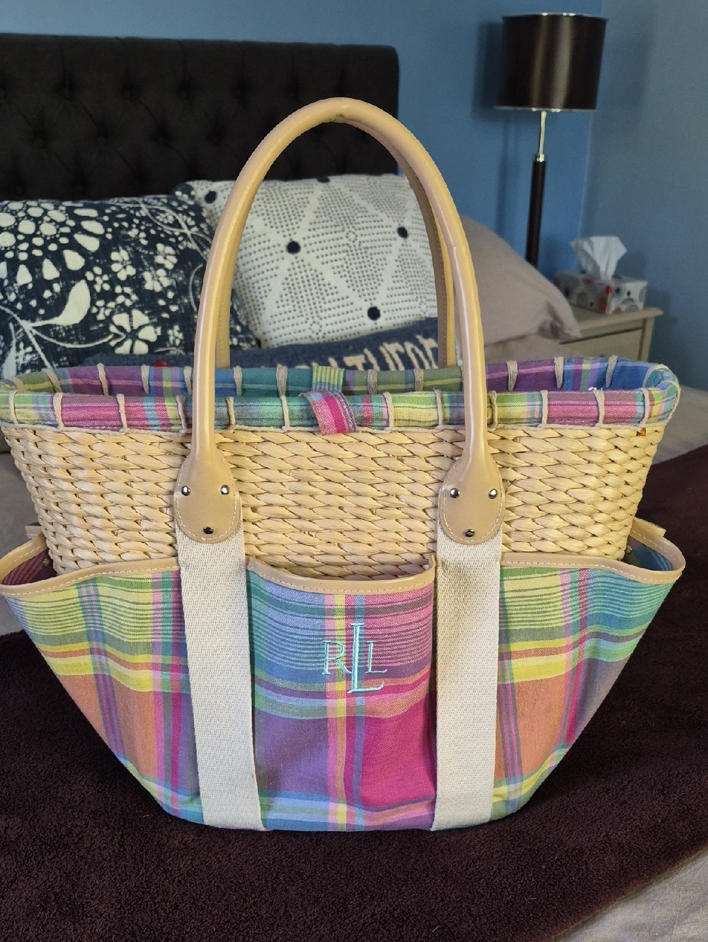 Ralph Lauren Pastel Plaid Straw Tote with Canvas Trim